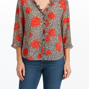 Vintage Floral Animal Print Blouse Ruffled Size 14 Red Cottagecore Boho Retro